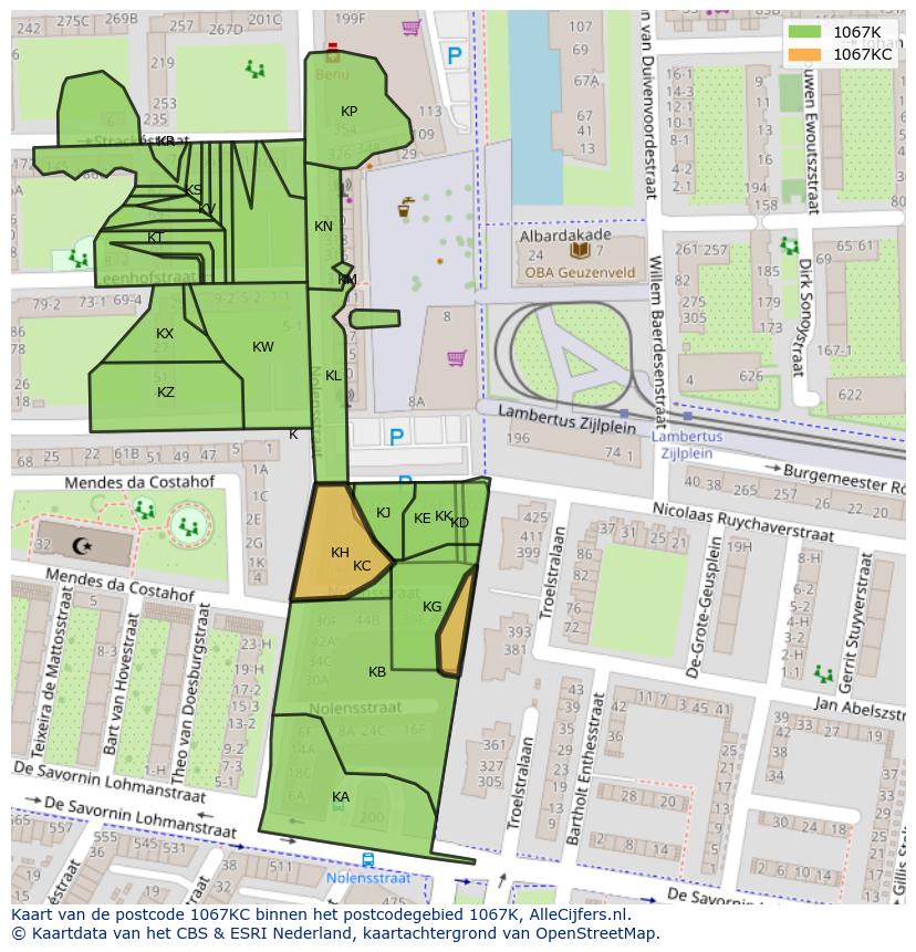 Afbeelding van het postcodegebied 1067 KC op de kaart.