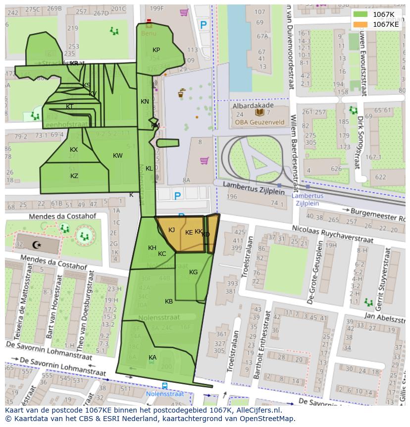 Afbeelding van het postcodegebied 1067 KE op de kaart.