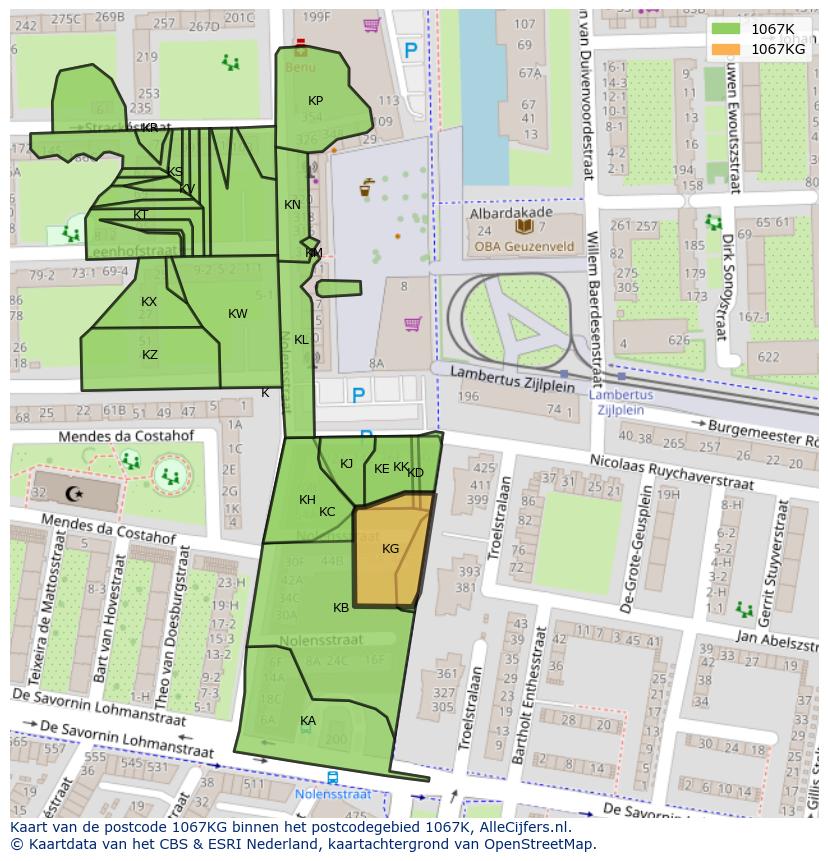 Afbeelding van het postcodegebied 1067 KG op de kaart.
