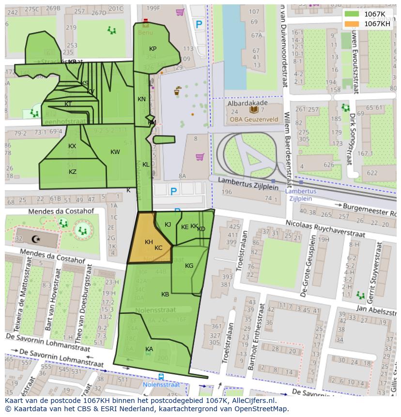 Afbeelding van het postcodegebied 1067 KH op de kaart.