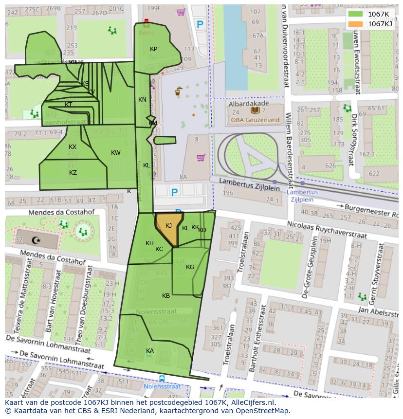 Afbeelding van het postcodegebied 1067 KJ op de kaart.