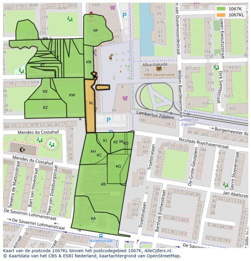Afbeelding van het postcodegebied 1067 KL op de kaart.