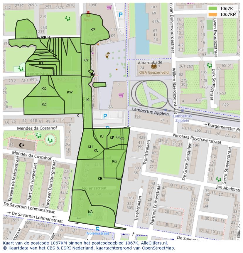 Afbeelding van het postcodegebied 1067 KM op de kaart.