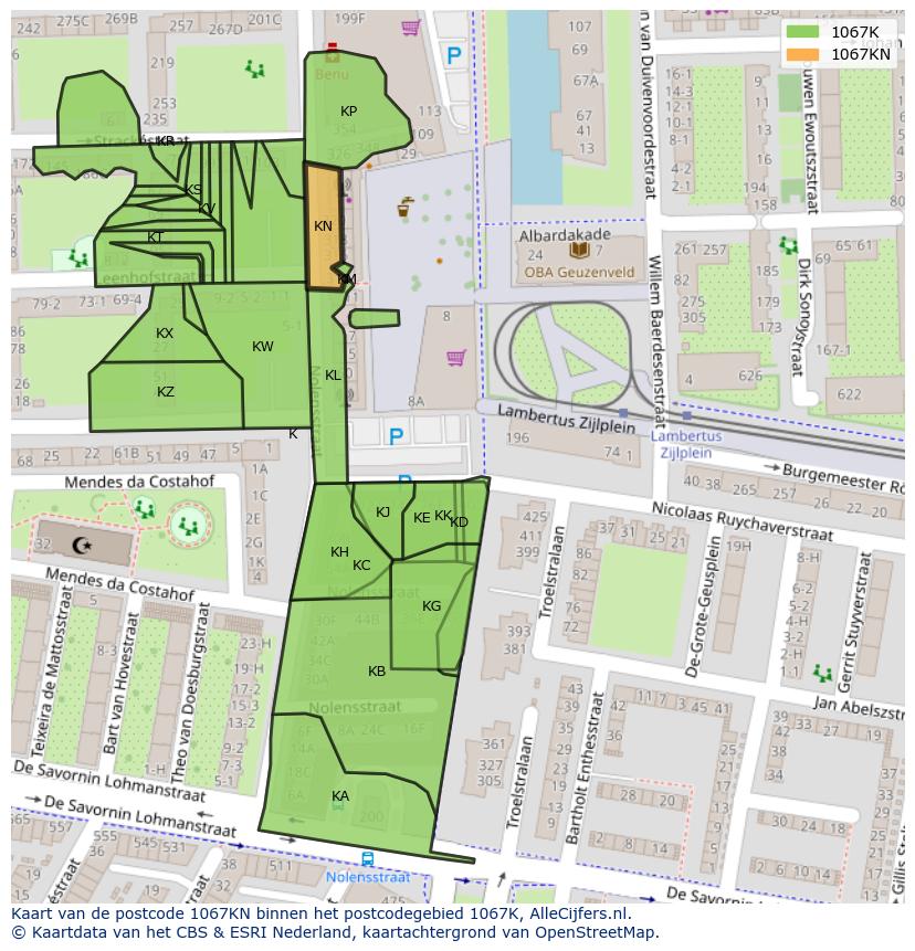 Afbeelding van het postcodegebied 1067 KN op de kaart.