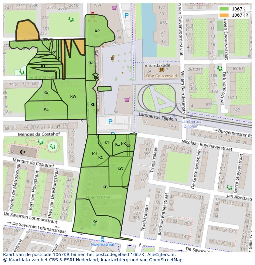 Afbeelding van het postcodegebied 1067 KR op de kaart.