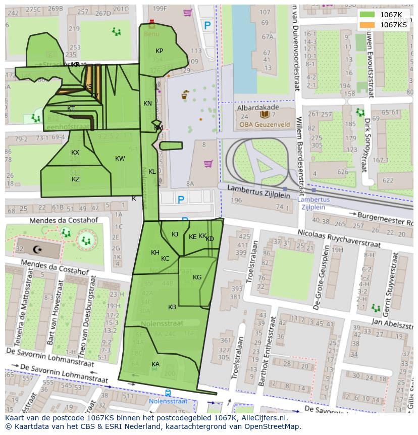 Afbeelding van het postcodegebied 1067 KS op de kaart.