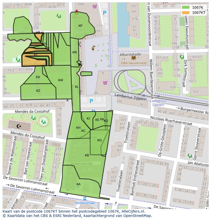 Afbeelding van het postcodegebied 1067 KT op de kaart.
