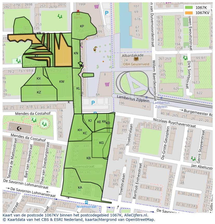 Afbeelding van het postcodegebied 1067 KV op de kaart.