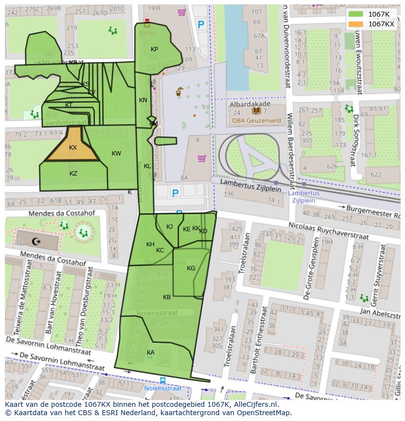 Afbeelding van het postcodegebied 1067 KX op de kaart.