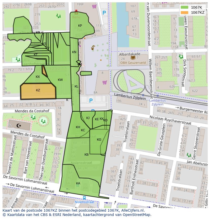 Afbeelding van het postcodegebied 1067 KZ op de kaart.