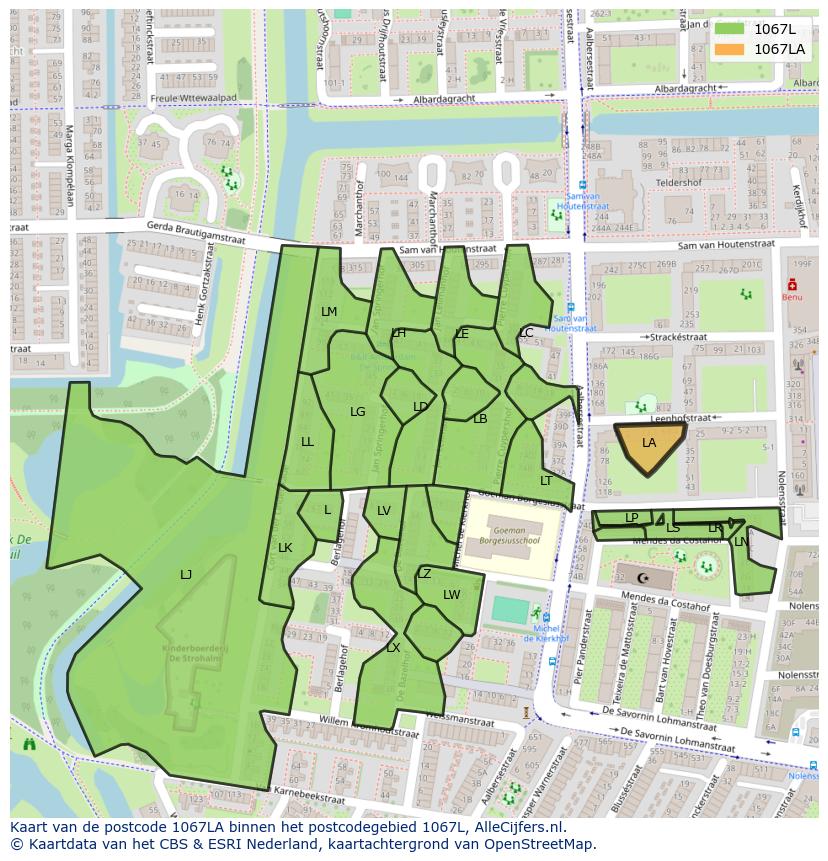 Afbeelding van het postcodegebied 1067 LA op de kaart.