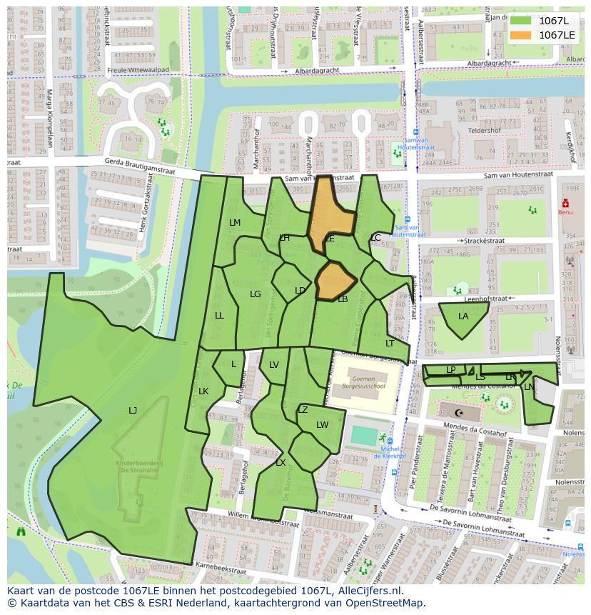 Afbeelding van het postcodegebied 1067 LE op de kaart.
