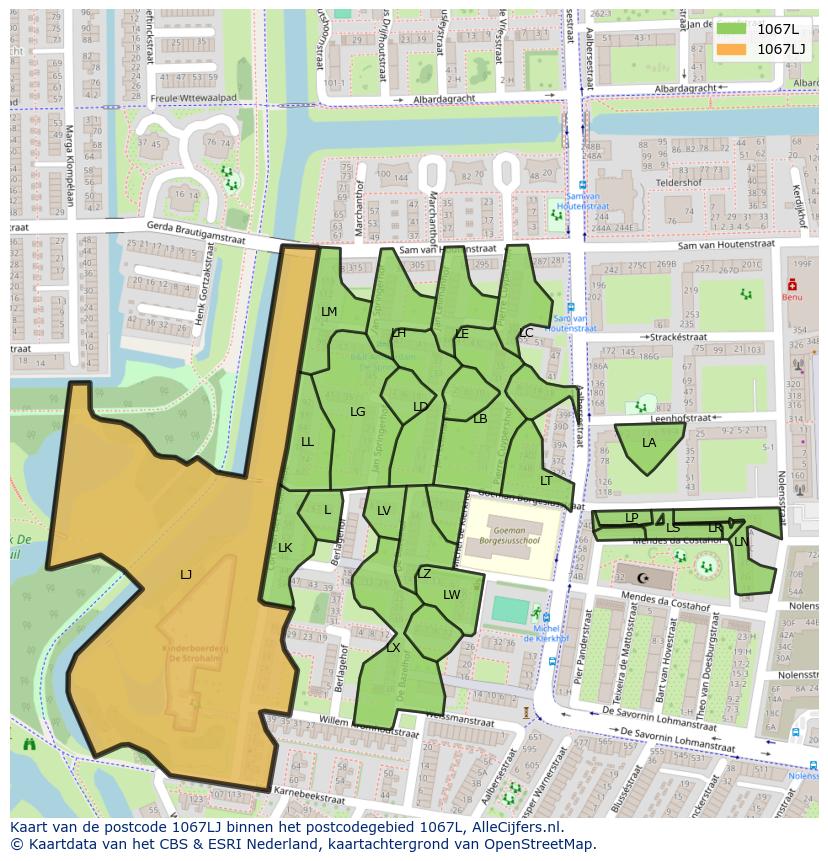 Afbeelding van het postcodegebied 1067 LJ op de kaart.