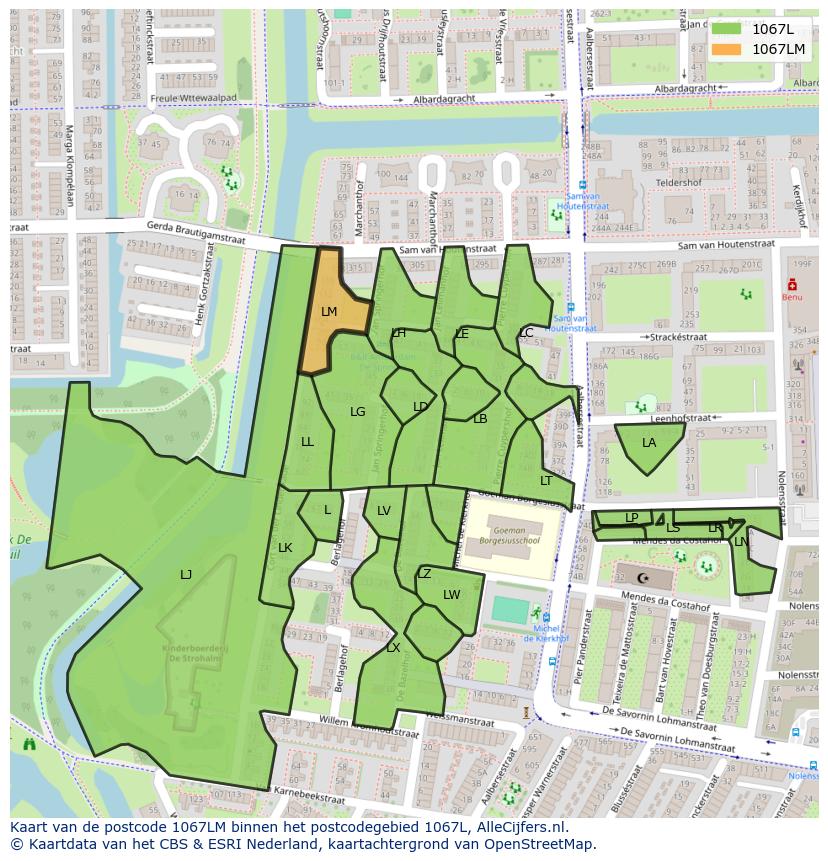 Afbeelding van het postcodegebied 1067 LM op de kaart.