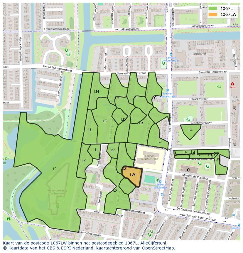 Afbeelding van het postcodegebied 1067 LW op de kaart.