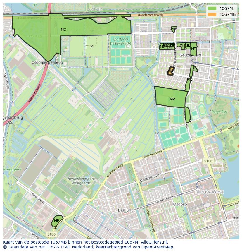 Afbeelding van het postcodegebied 1067 MB op de kaart.