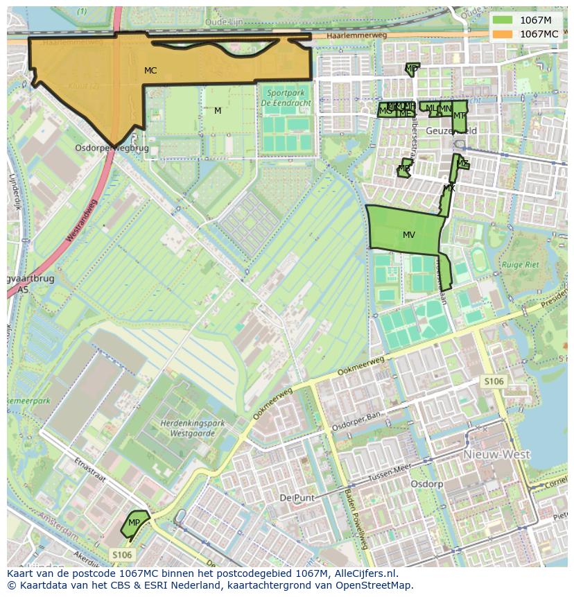 Afbeelding van het postcodegebied 1067 MC op de kaart.