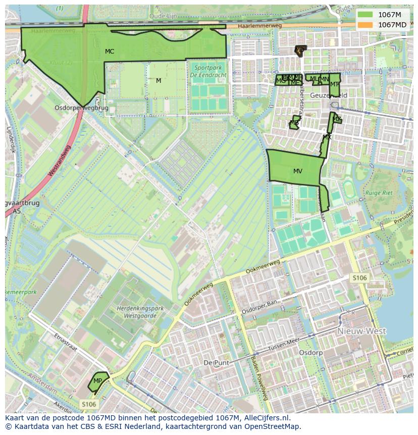 Afbeelding van het postcodegebied 1067 MD op de kaart.