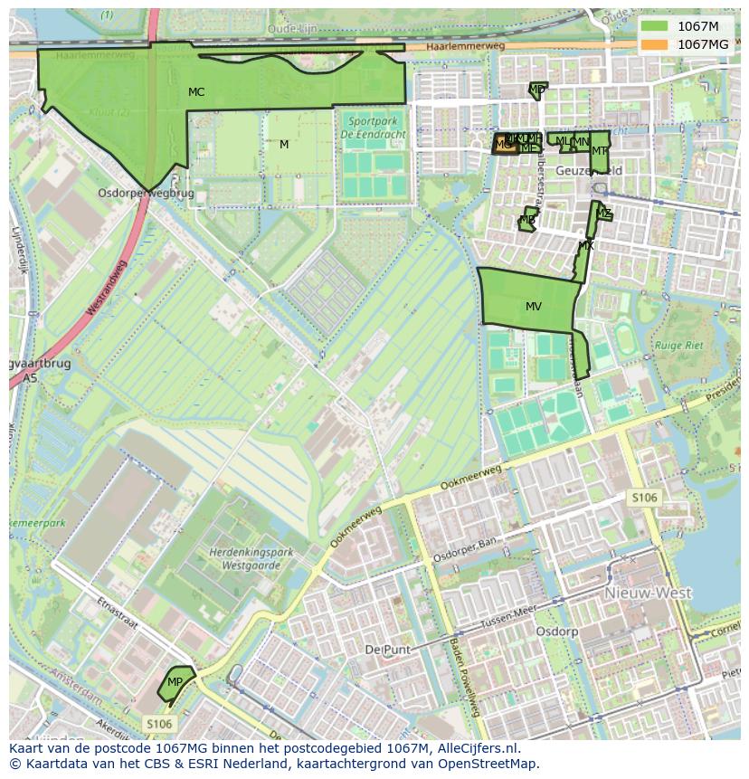 Afbeelding van het postcodegebied 1067 MG op de kaart.