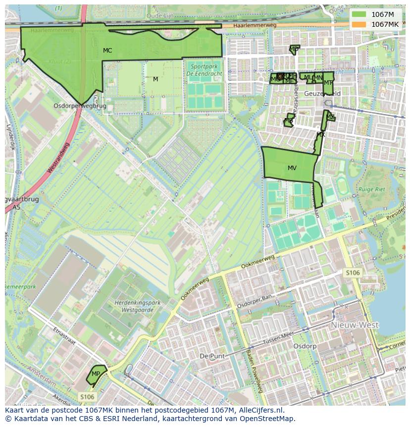 Afbeelding van het postcodegebied 1067 MK op de kaart.