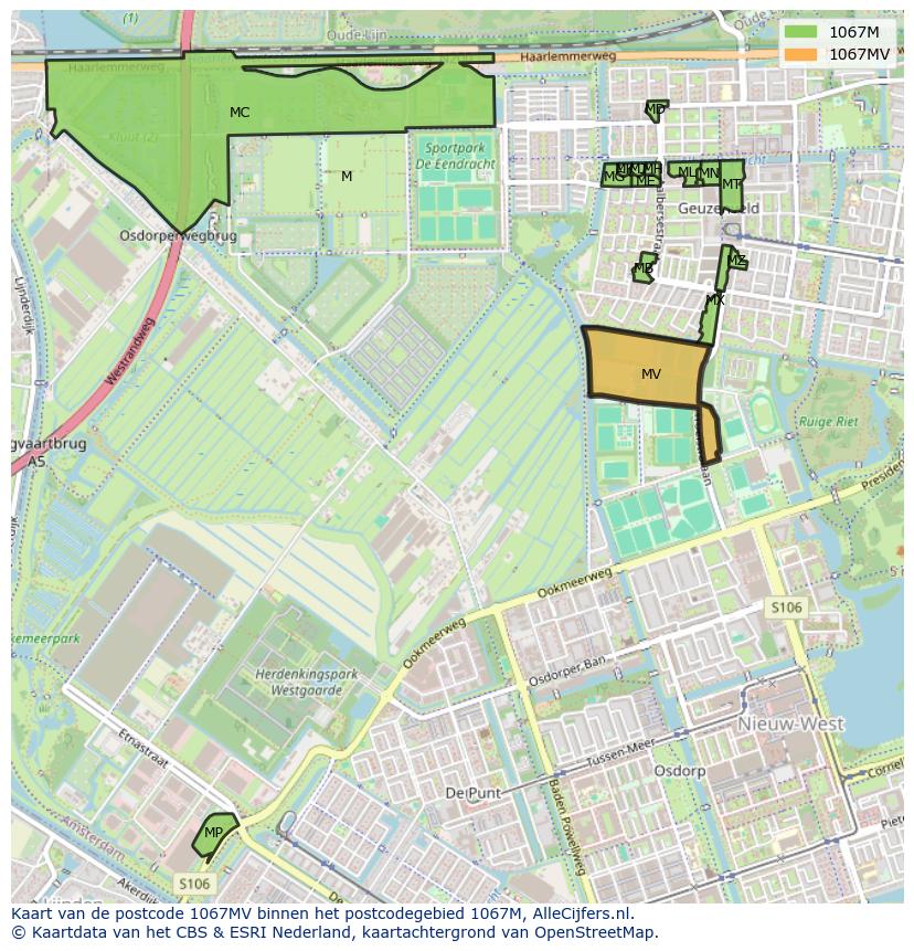 Afbeelding van het postcodegebied 1067 MV op de kaart.