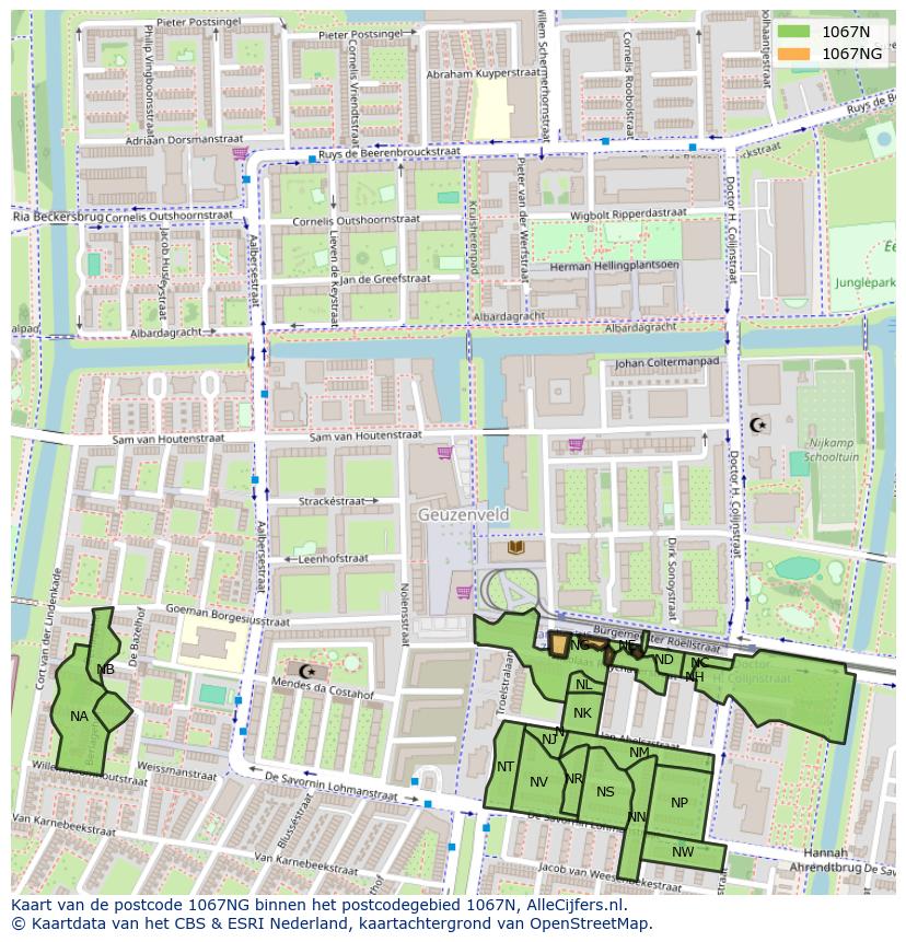 Afbeelding van het postcodegebied 1067 NG op de kaart.