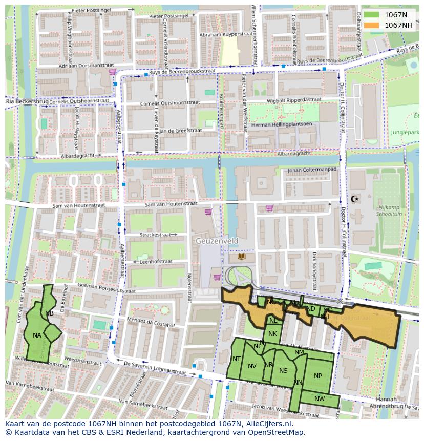 Afbeelding van het postcodegebied 1067 NH op de kaart.