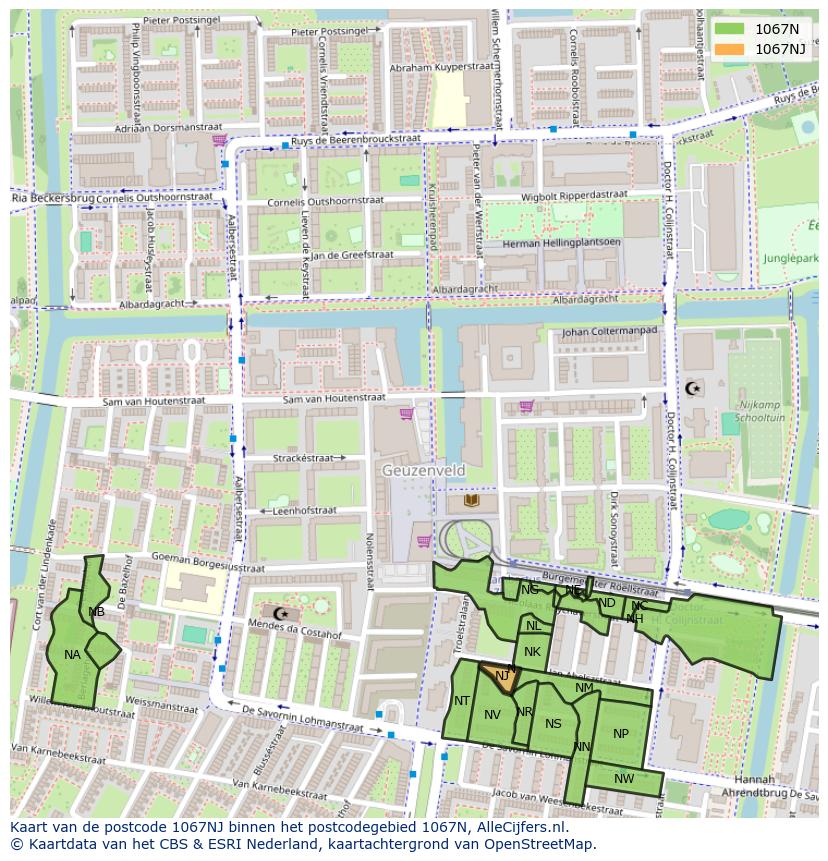 Afbeelding van het postcodegebied 1067 NJ op de kaart.