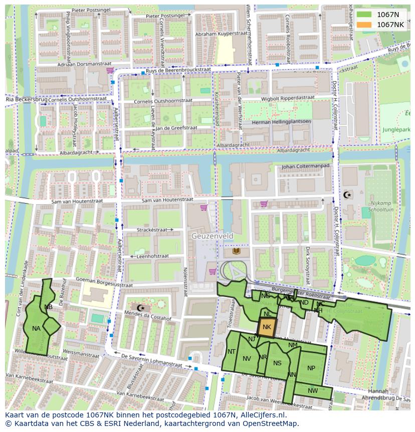 Afbeelding van het postcodegebied 1067 NK op de kaart.