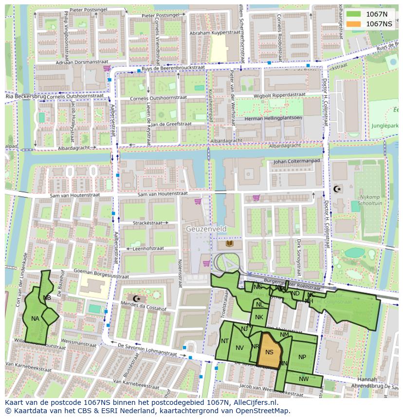 Afbeelding van het postcodegebied 1067 NS op de kaart.