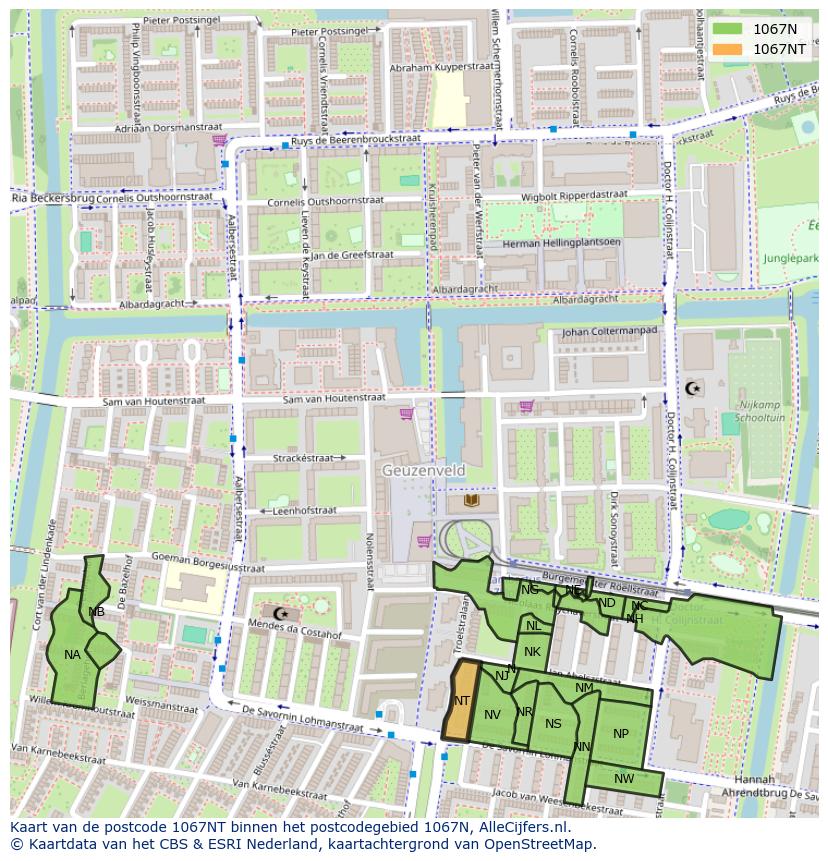 Afbeelding van het postcodegebied 1067 NT op de kaart.