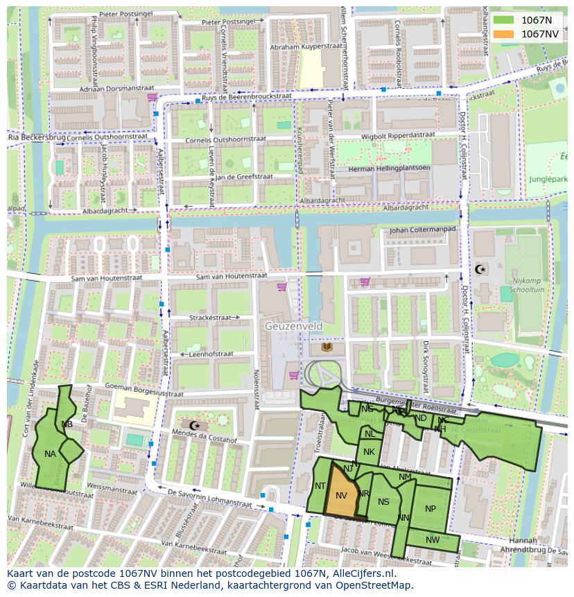 Afbeelding van het postcodegebied 1067 NV op de kaart.