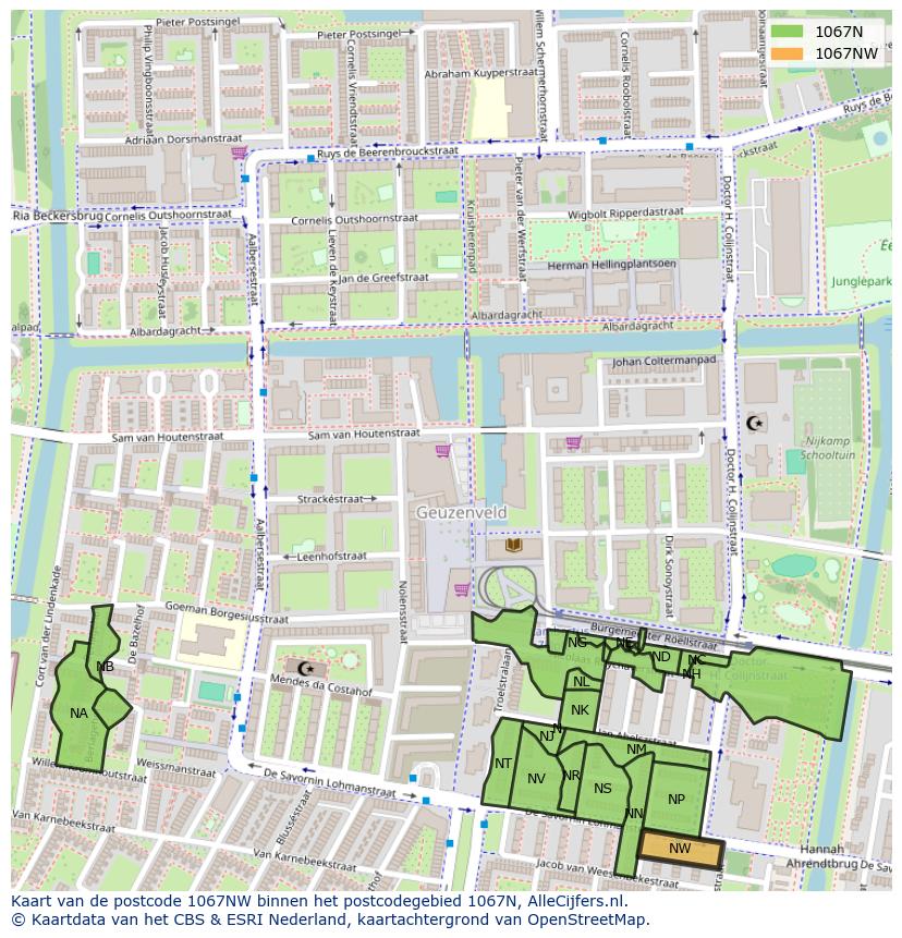 Afbeelding van het postcodegebied 1067 NW op de kaart.