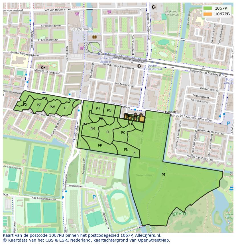 Afbeelding van het postcodegebied 1067 PB op de kaart.