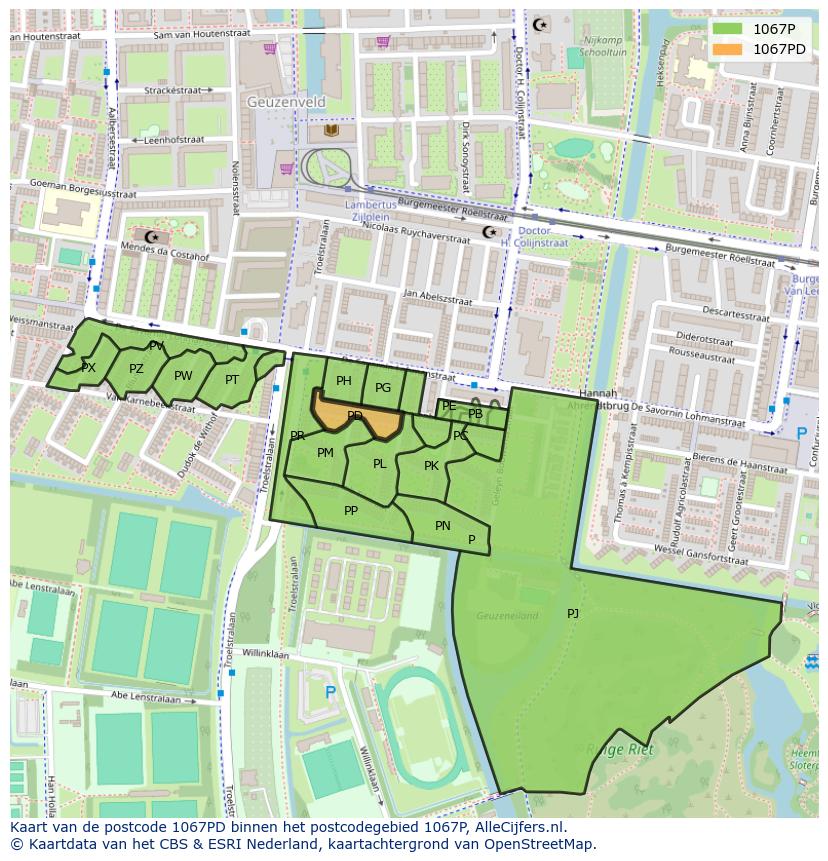 Afbeelding van het postcodegebied 1067 PD op de kaart.