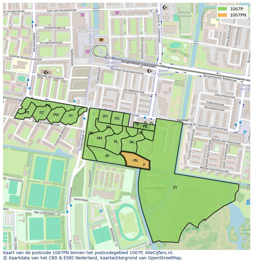 Afbeelding van het postcodegebied 1067 PN op de kaart.