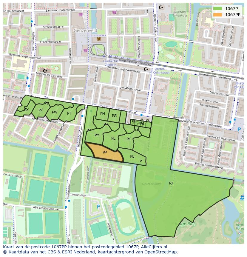 Afbeelding van het postcodegebied 1067 PP op de kaart.