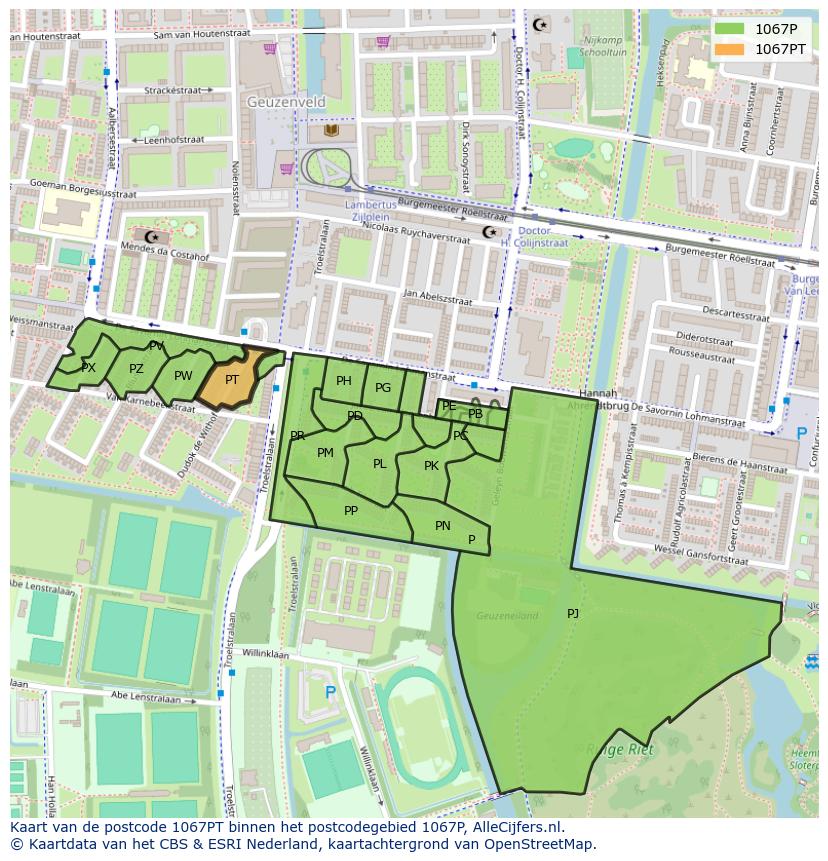 Afbeelding van het postcodegebied 1067 PT op de kaart.
