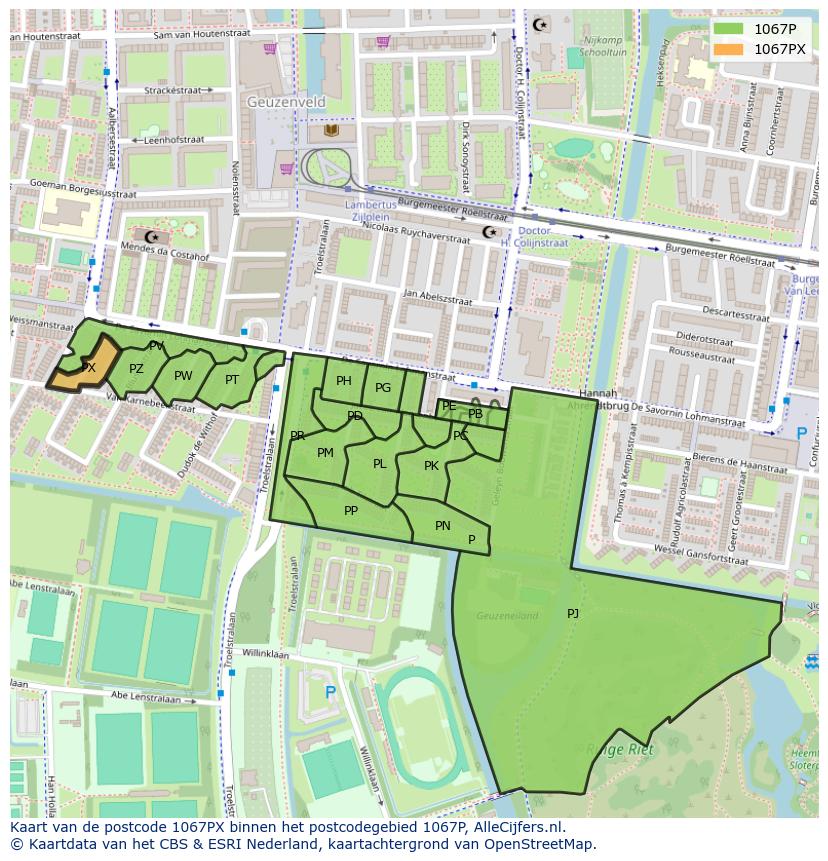 Afbeelding van het postcodegebied 1067 PX op de kaart.