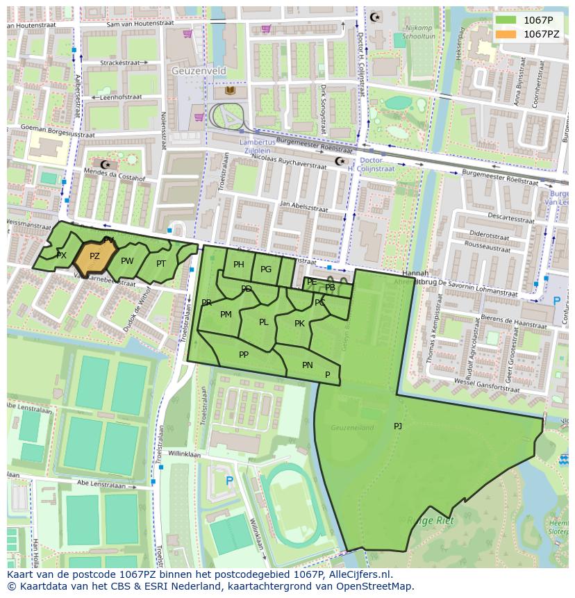 Afbeelding van het postcodegebied 1067 PZ op de kaart.