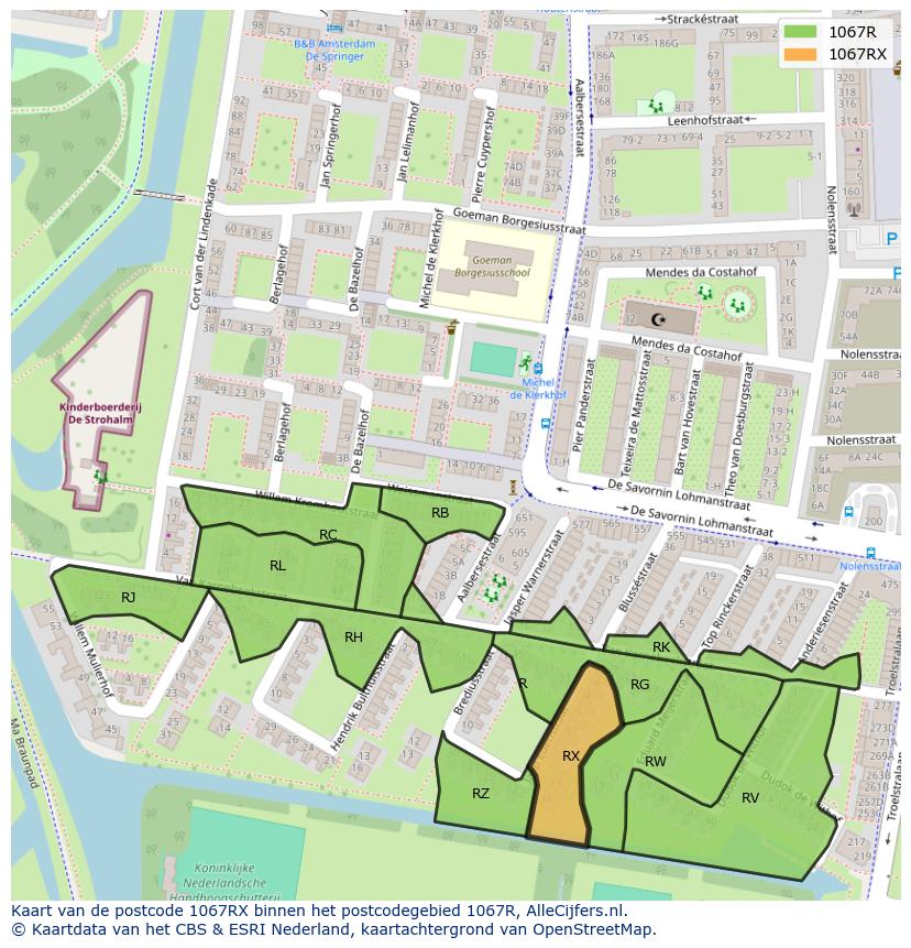 Afbeelding van het postcodegebied 1067 RX op de kaart.