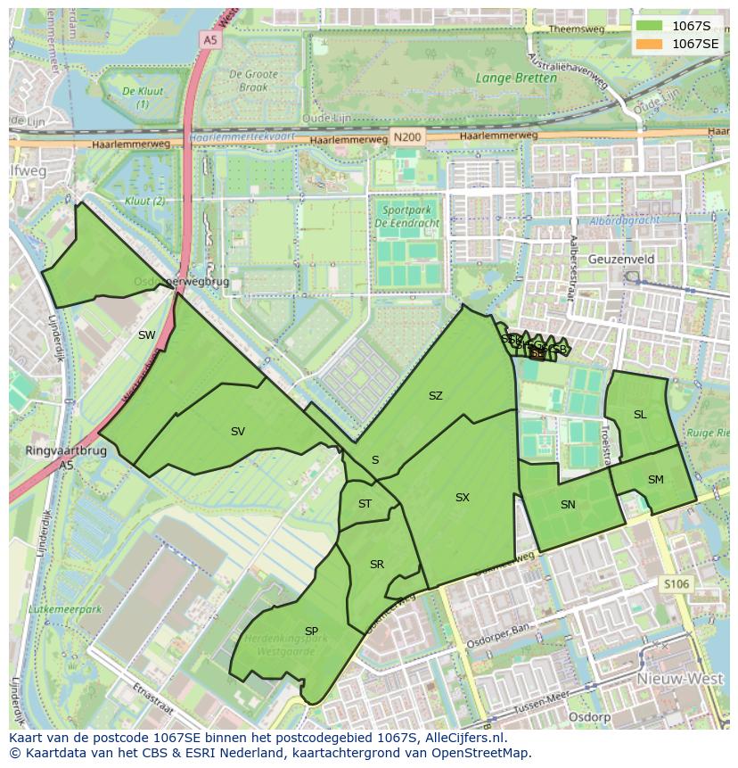 Afbeelding van het postcodegebied 1067 SE op de kaart.