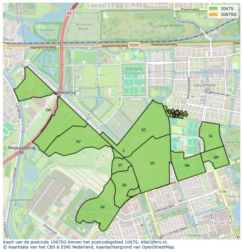 Afbeelding van het postcodegebied 1067 SG op de kaart.