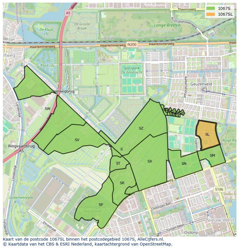 Afbeelding van het postcodegebied 1067 SL op de kaart.