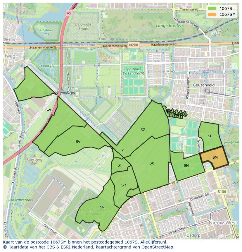 Afbeelding van het postcodegebied 1067 SM op de kaart.