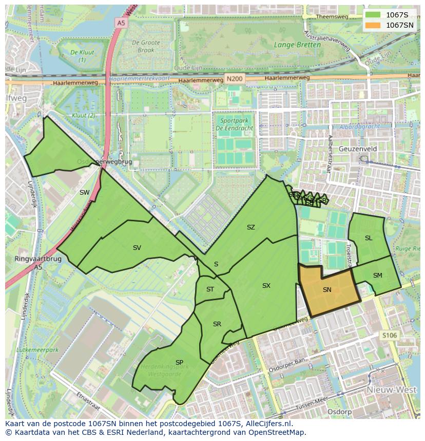 Afbeelding van het postcodegebied 1067 SN op de kaart.