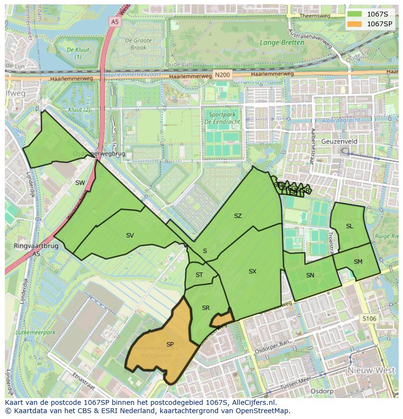 Afbeelding van het postcodegebied 1067 SP op de kaart.