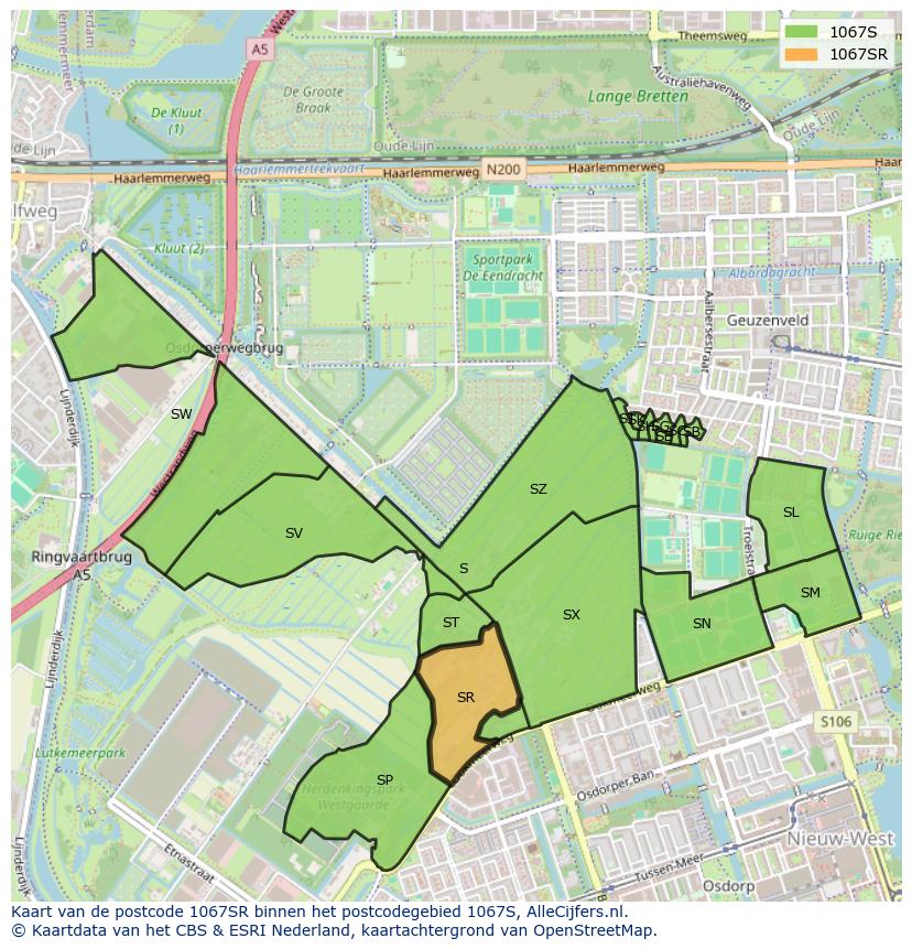 Afbeelding van het postcodegebied 1067 SR op de kaart.