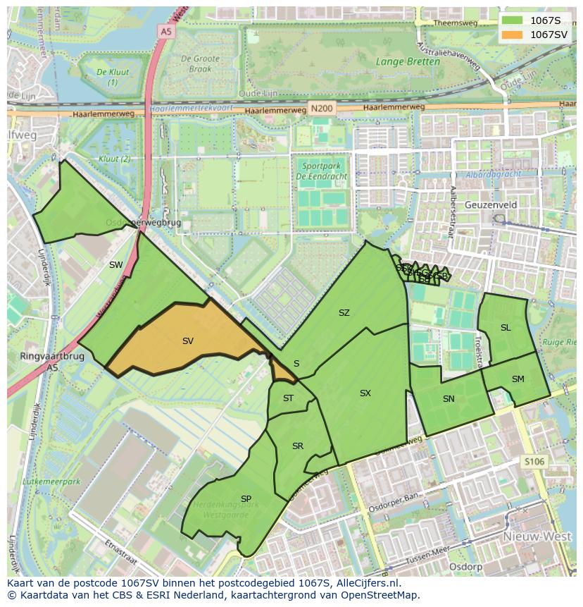 Afbeelding van het postcodegebied 1067 SV op de kaart.