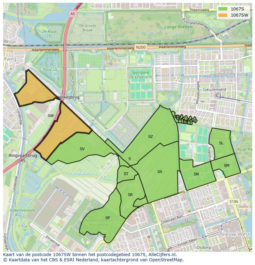 Afbeelding van het postcodegebied 1067 SW op de kaart.